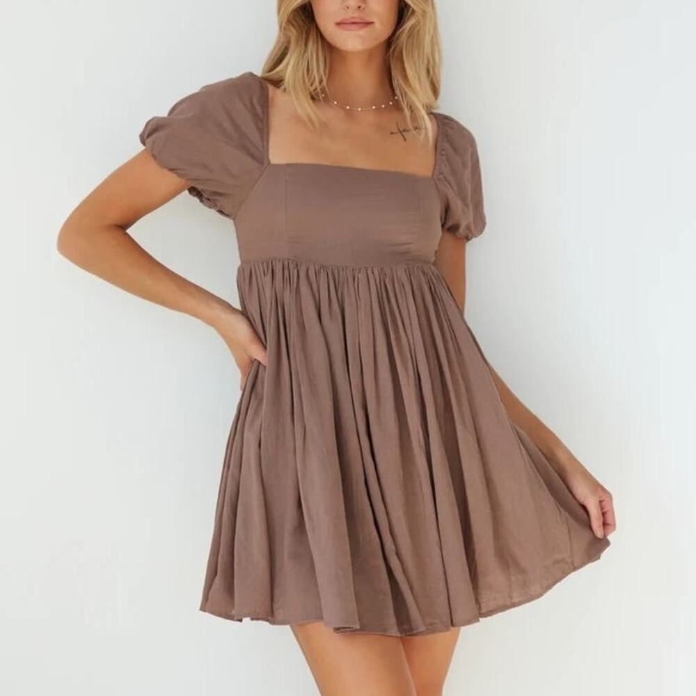 Mable (S) Linen Puff Sleeve Babydoll Mini Dress Brown Cottagecore